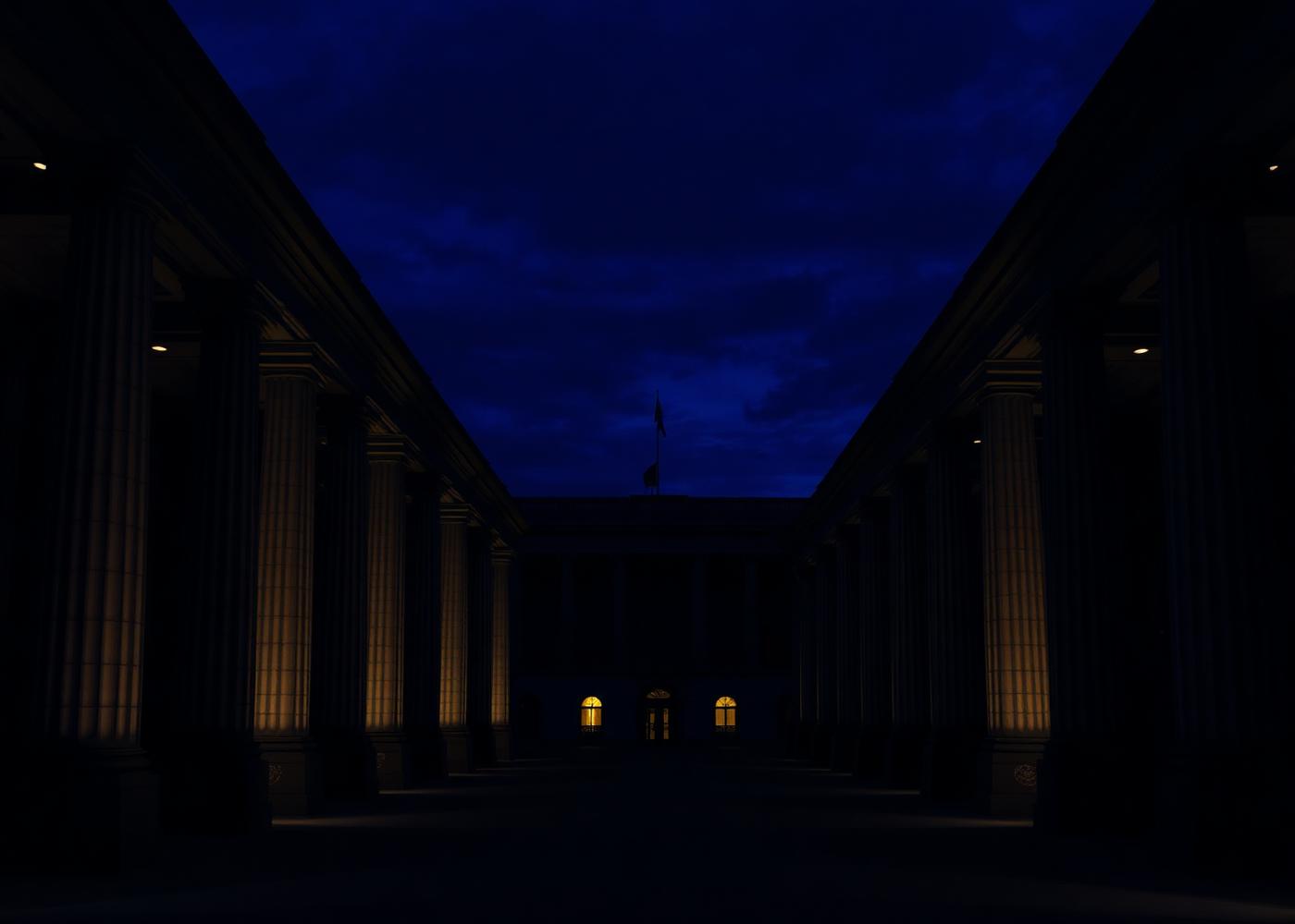 Muted architectural colonnade of an institutional building
